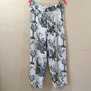 New JOIE Linen straight Leg Pants Hi Rise Size 8 Black White Tree Printed